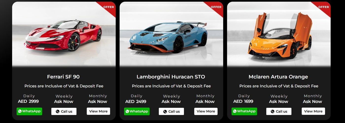 MK Rent A Car fleet with Ferrari, Lamborghini and McLaren